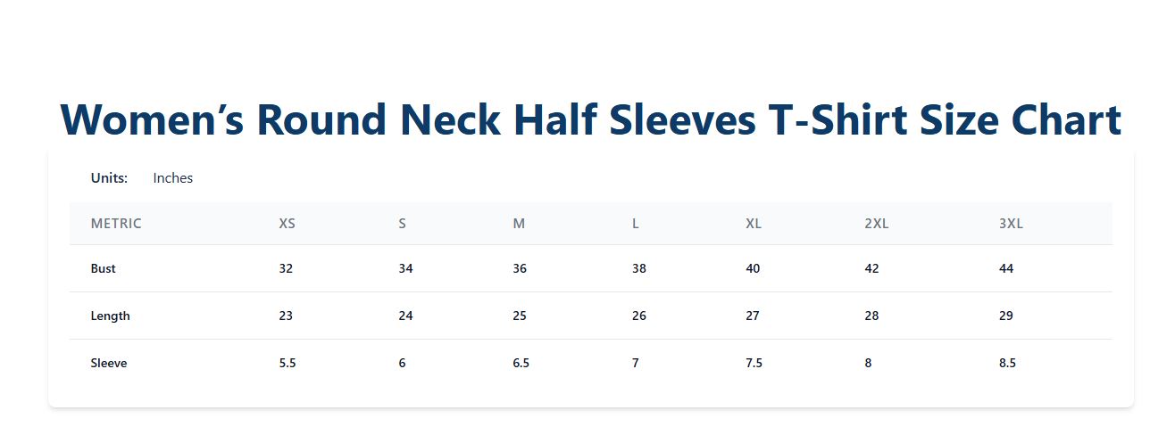 Size chart for women's round neck half sleeves t-shirts with measurements in inches.